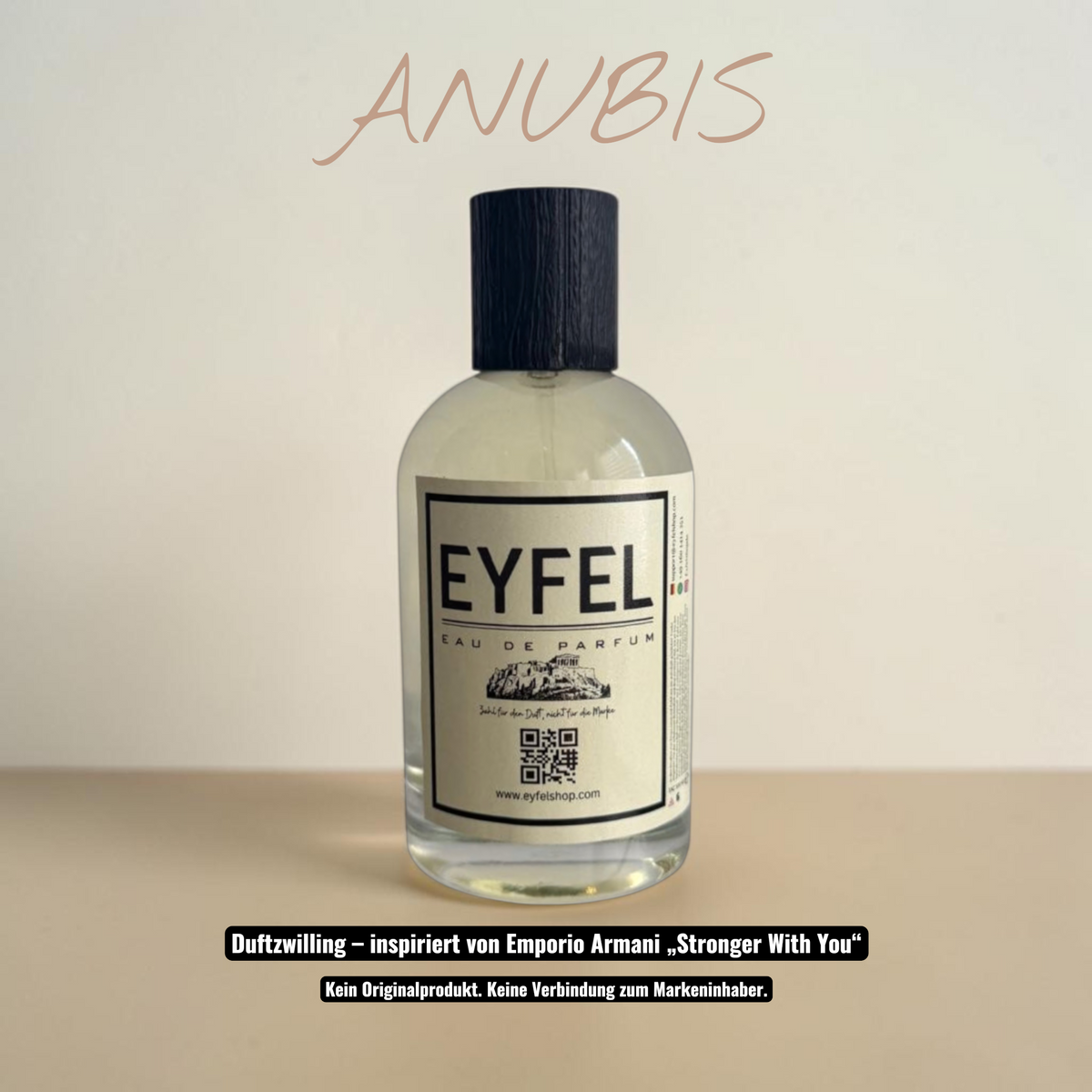 eyfel Anubis Eau de Parfum Flakon mit aromatischem Duft, schwarzer Verschlusskappe und weißem Etikett