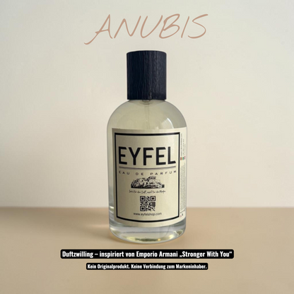 eyfel Anubis Eau de Parfum Flakon mit aromatischem Duft, schwarzer Verschlusskappe und weißem Etikett