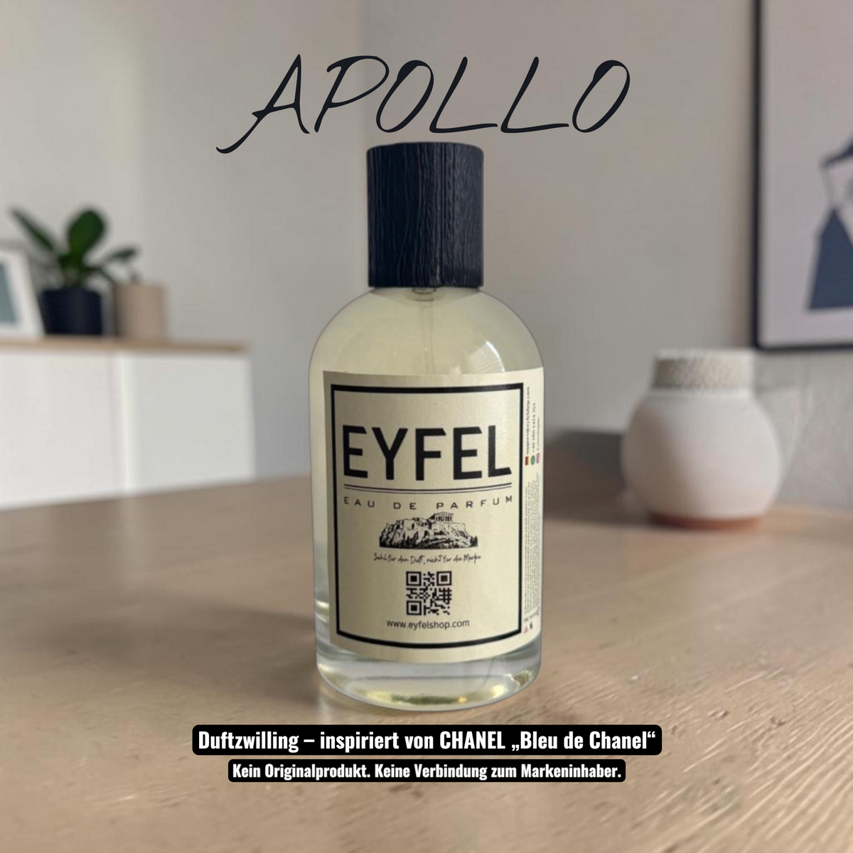 Eyfel Apollo Eau de Parfum Flakon mit weiß-gelber Verpackung und frischem Duftprofil