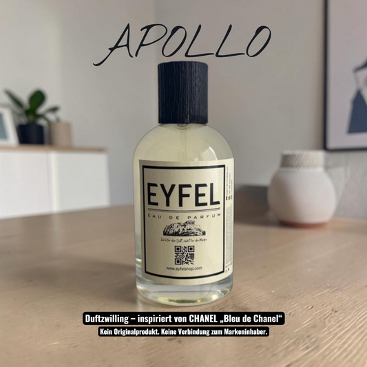 Eyfel Apollo Eau de Parfum Flakon mit weiß-gelber Verpackung und frischem Duftprofil