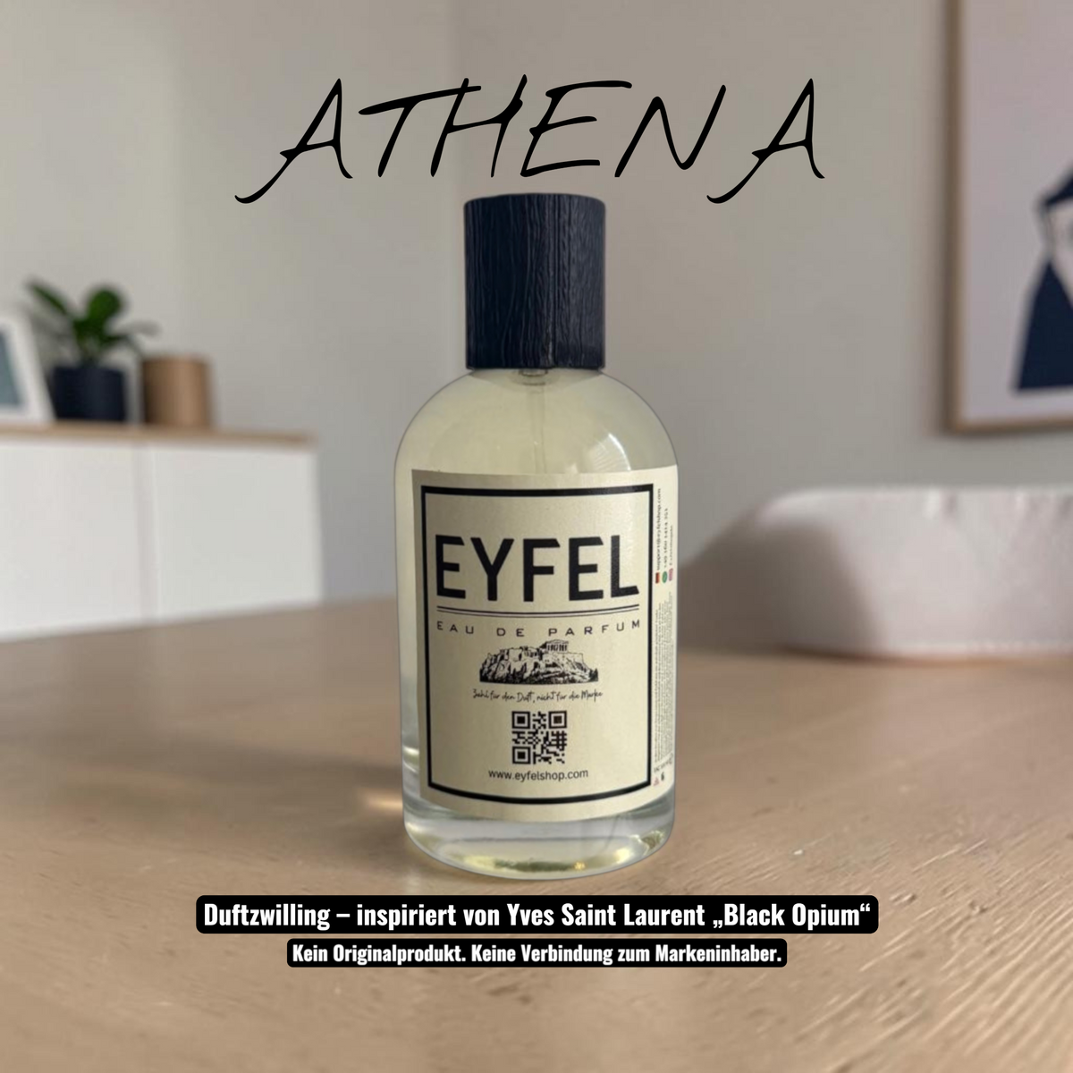 eyfel Athena Eau de Parfum in einer eleganten Glasflasche mit gelb-weißer Verpackung