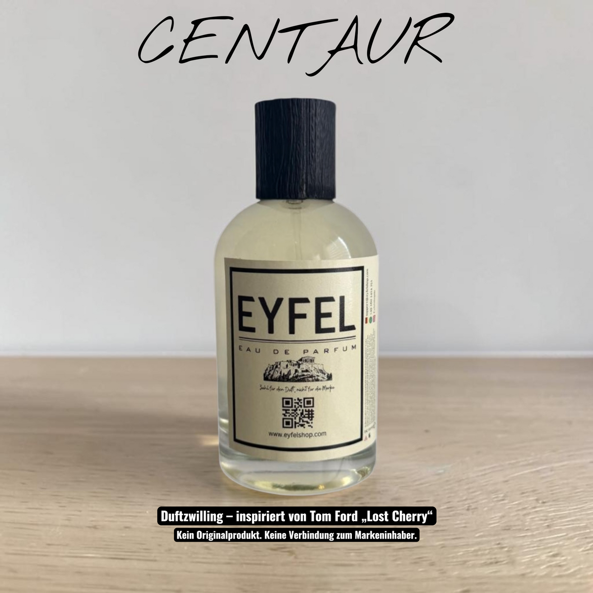 eyfel Centaur Eau de Parfum Flakon mit süßer Duftnote, inspiriert von Kirsch-Aromen, auf hellem Holzuntergrund