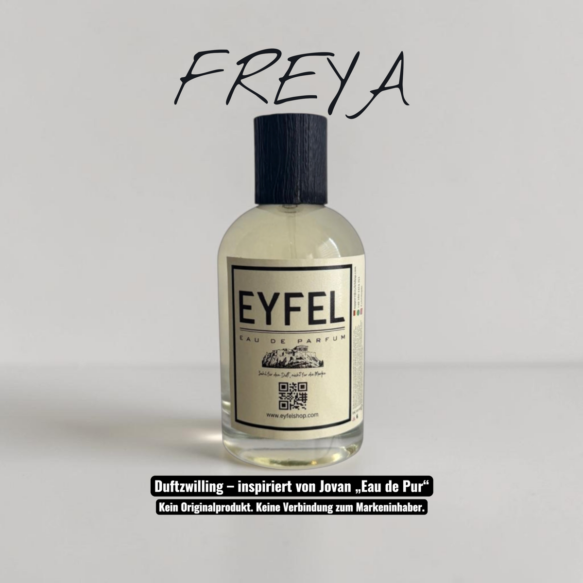 eyfel Freya Eau de Parfum in einer eleganten Glasflasche mit gelb-weißer Verpackung und schwarzem Verschluss