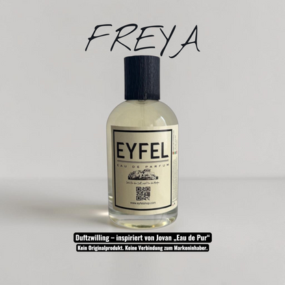 eyfel Freya Eau de Parfum in einer eleganten Glasflasche mit gelb-weißer Verpackung und schwarzem Verschluss