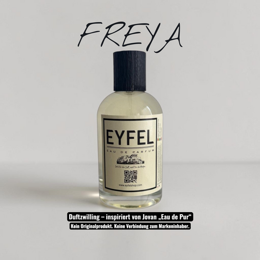 eyfel Freya Eau de Parfum in einer eleganten Glasflasche mit gelb-weißer Verpackung und schwarzem Verschluss