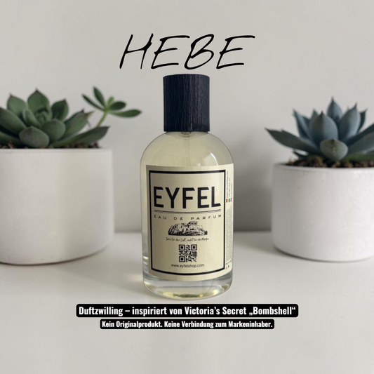 eyfel Hebe Eau de Parfum in einer eleganten Glasflasche mit gelb-weißer Verpackung und blumig-fruchtigem Duft