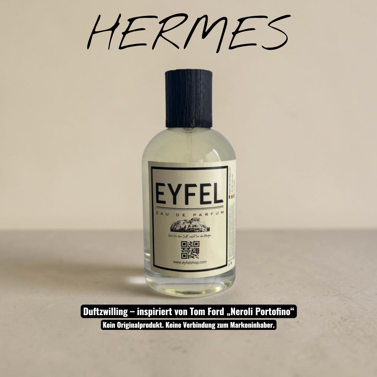 eyfel Hermes Eau de Parfum Flakon mit schwarzem Verschluss und Leder-Duftnote auf neutralem Hintergrund