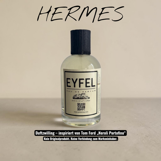 eyfel Hermes Eau de Parfum Flakon mit schwarzem Verschluss und Leder-Duftnote auf neutralem Hintergrund