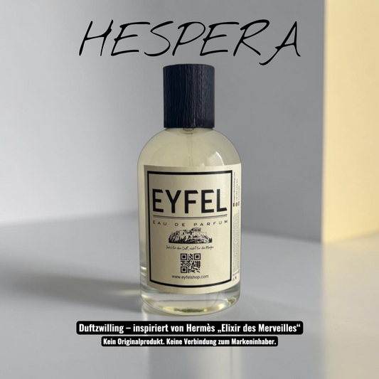 eyfel Hespera Eau de Parfum in einer weißen und gelben Verpackung mit einem eleganten Glasflakon
