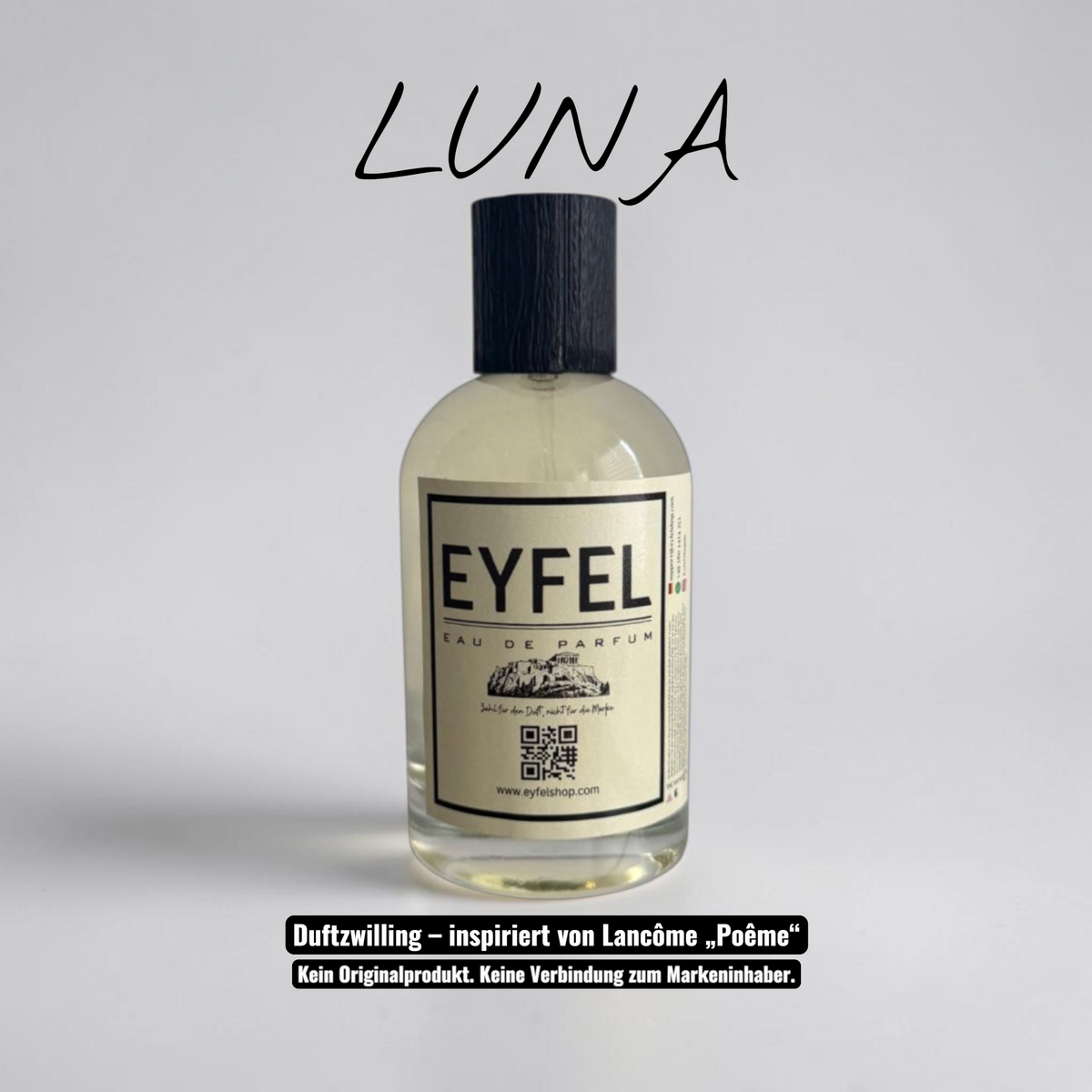 eyfel Luna Eau de Parfum mit orientalisch-blumigen Noten in einer eleganten Glasflasche mit schwarzem Verschluss