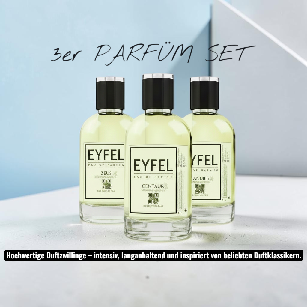 eyfel Parfüm Set mit drei 100ml Glasflakons auf einer weißen Marmoroberfläche