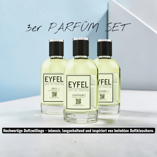 eyfel Parfüm Set mit drei 100ml Glasflakons auf einer weißen Marmoroberfläche