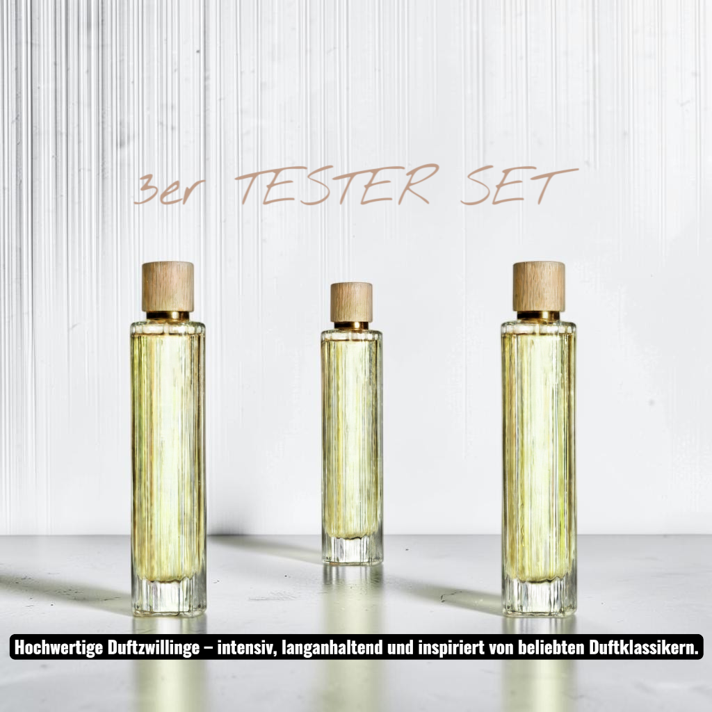 eyfel 3er Parfüm Tester-Set mit drei eleganten Glasflakons und Holzverschluss auf einem Marmortisch