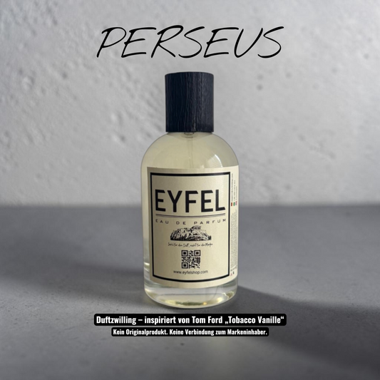 eyfel Perseus Eau de Parfum in einer weiss-gelben Verpackung mit 100ml Glasflakon und klassisch-pikantem Duftprofil