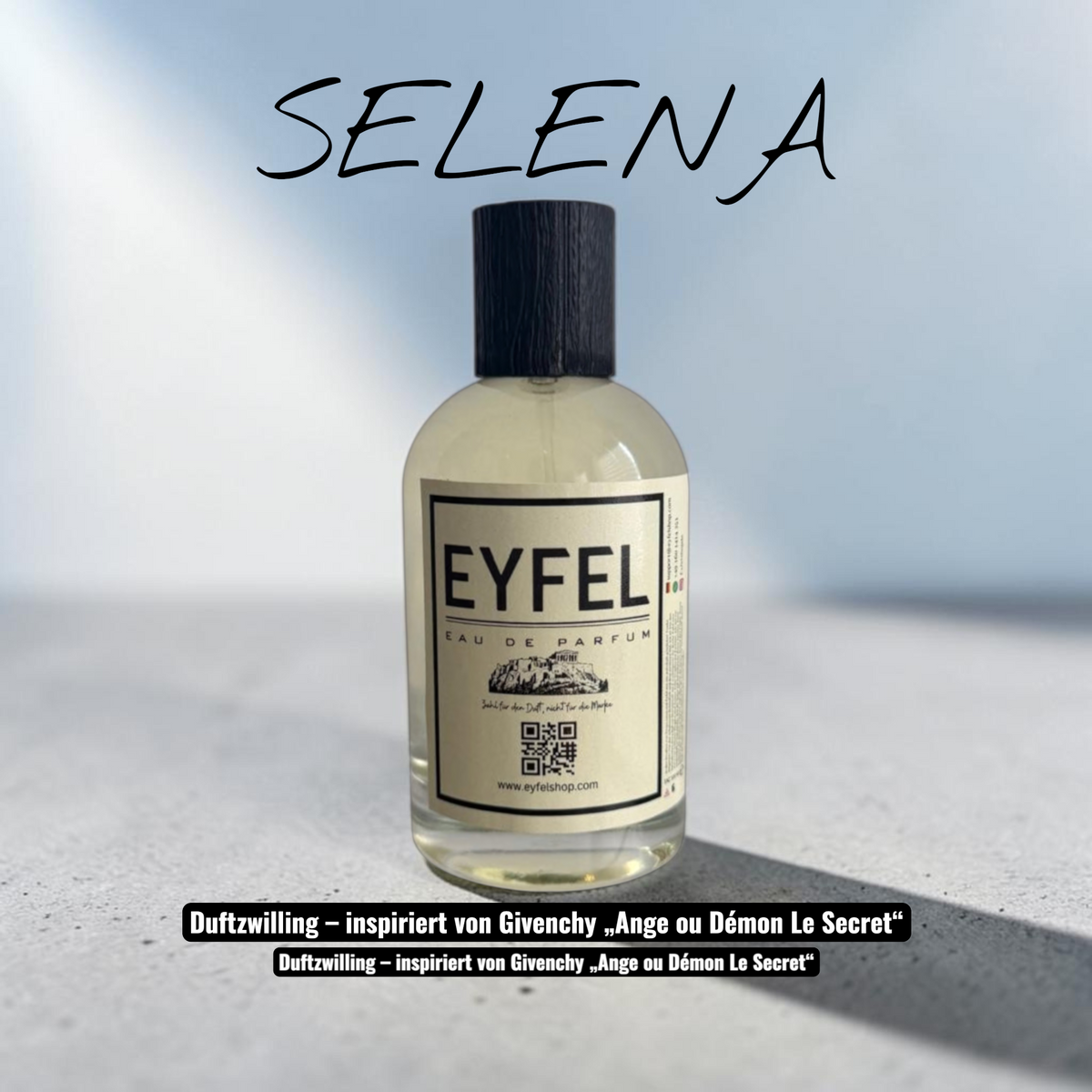 eyfel Selena Eau de Parfum in einer eleganten Glasflasche mit gelb-weißer Verpackung und blumig-fruchtigem Duft