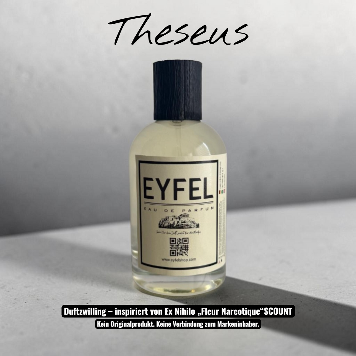Eyfel Theseus Eau de Parfum in einer weißen und gelben Verpackung mit 100 ml Flakon und fruchtiger Duftnote