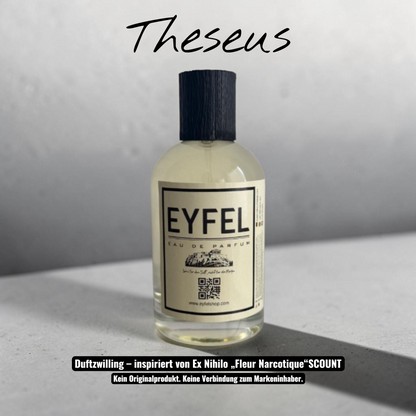 Eyfel Theseus Eau de Parfum in einer weißen und gelben Verpackung mit 100 ml Flakon und fruchtiger Duftnote
