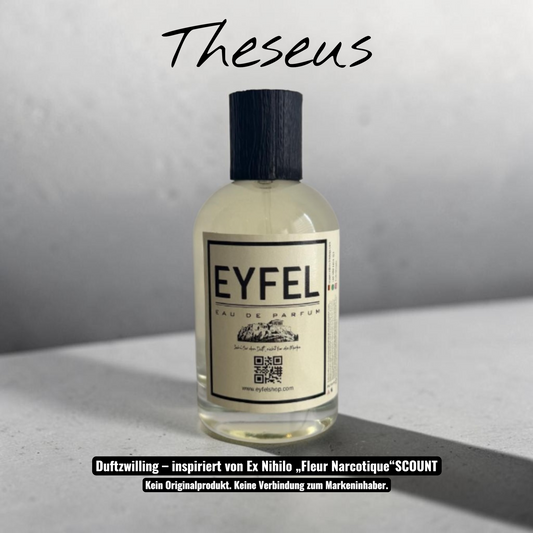 Eyfel Theseus Eau de Parfum in einer weißen und gelben Verpackung mit 100 ml Flakon und fruchtiger Duftnote