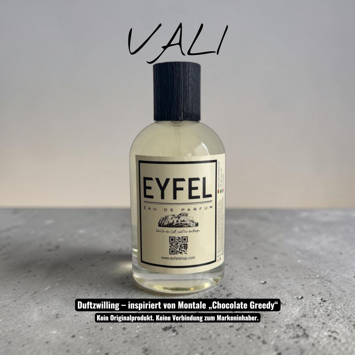eyfel Vali Eau de Parfum mit Duftnote dunkle Schokolade in einer eleganten weißen und gelben Verpackung