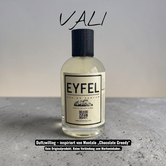 eyfel Vali Eau de Parfum mit Duftnote dunkle Schokolade in einer eleganten weißen und gelben Verpackung