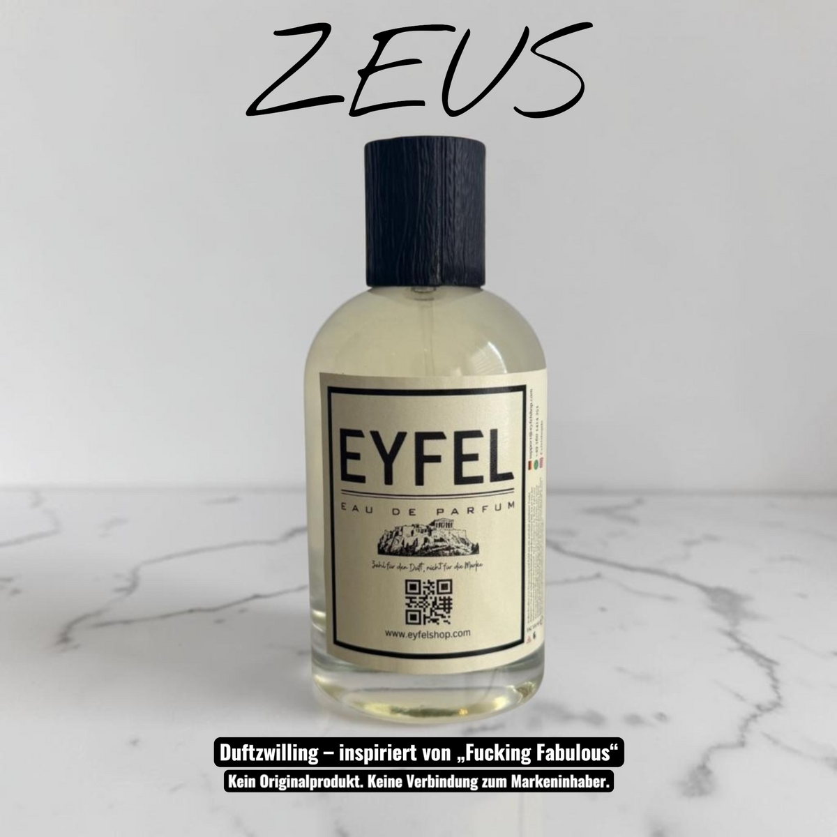 eyfel Zeus Eau de Parfum Flakon mit Leder Duftnote und schwarzem Verschluss vor beigem Hintergrund